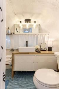 a bathroom with a white toilet and a sink at South Tampa Airstream Farm Stay in Tampa