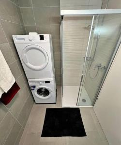 a bathroom with a shower and a washing machine at Flat in Bulle, Switzerland in Bulle