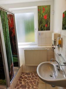 a bathroom with a sink and a window at Gästezimmer- und Ferienzimmer Am Gewölbekeller Meißen in Meißen