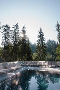 a swimming pool with chairs and trees in the background at Girski Hotel&Spa in Bukovel