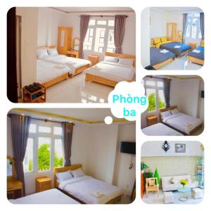a collage of four pictures of a bedroom at ThiênBảo Hotel in Da Lat