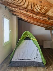 イズミールにあるGüzelbahçe yemek atölyesiのウッドフロアの客室で、緑とグレーのテントを利用します。