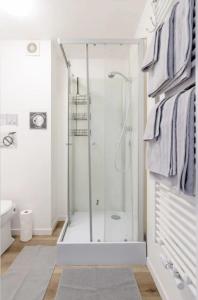 uma casa de banho com um chuveiro e uma porta de vidro em Beautiful fully renovated apartment em Bruxelas
