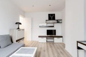 een woonkamer met een bank en een tv bij Beautiful fully renovated apartment in Brussel