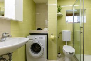 ein Badezimmer mit einer Waschmaschine und einem Waschbecken in der Unterkunft Apartma pri Andreju in Bohinj