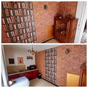 two pictures of a room with a brick wall at Le Relais de la Mandragore 