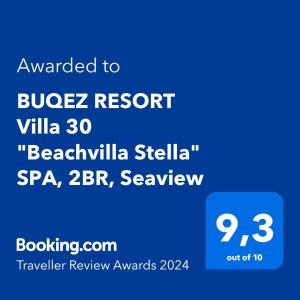Un certificat, premiu, logo sau alt document afișat la Camp BUQEZ Villa 30 "Beachvilla Stella" SPA, 2BR, Seaview
