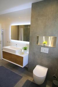 a bathroom with a sink and a toilet and a mirror at ADA, Ferienwohnung, 6-8 Personen, Parkplatz am Haus, modern, mit Dachterrasse in Kulmbach