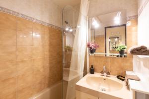 a bathroom with a sink and a shower at Bel Appt Plein Coeur de Saint Lary Soulan in Saint-Lary-Soulan