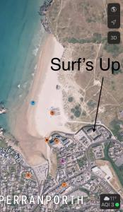 a map of a beach with the words sunlight and the ocean at Surf's Up in Perranporth, Cornwall Coastal Holidays in Perranporth