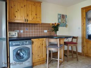 a kitchen with a washing machine and a table at Stonechat Cottage - Portmagee in Portmagee