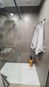 a bathroom with a shower with towels on a wall at Lokum z ogrodem in Płock +23 photos