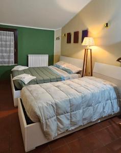 two beds in a bedroom with a green wall at Bb24 - Casa Sul Fiume in Pianello