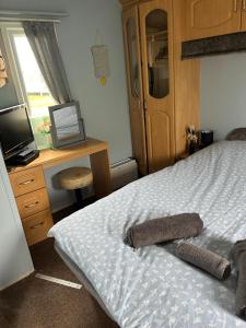 a bedroom with a bed and a desk and a television at The Topaz Caravan HF12 in Ingoldmells