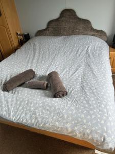 a bed with two towels on top of it at The Topaz Caravan HF12 in Ingoldmells