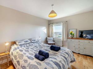 a bedroom with a bed with two blue pillows on it at 2 Bed in Haverigg 94052 in Haverigg