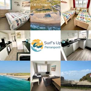 a collage of photos of a hotel room at Surf's Up in Perranporth, Cornwall Coastal Holidays in Perranporth