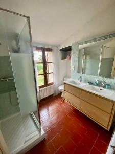 La salle de bains est pourvue d'une douche, d'un lavabo et d'un miroir. dans l'établissement Mas dans son écrin de verdure, à Orange