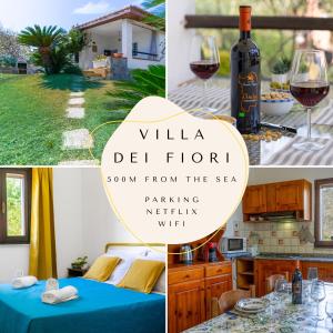 a collage of photos of a villa with a bottle of wine at [COSTA REI] *500 metri dal mare* Free Parking/Wifi in Costa Rei