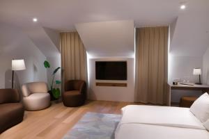 ein Wohnzimmer mit einem Bett und einem Flachbild-TV in der Unterkunft HIŠA PUTR in Trzin