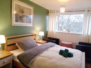 1 dormitorio con 1 cama con pared verde en 1 Luxurious Double Bedroom with Private Shower, en Reading