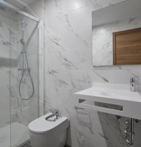 een badkamer met een toilet, een wastafel en een douche bij MANTULENE Apartments - Basque Stay in San Sebastian