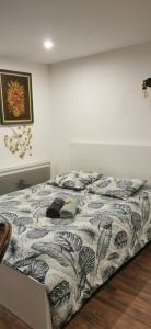 ein Bett in einem Schlafzimmer mit einer Decke drauf in der Unterkunft Green Cellar studio Centre de Strasbourg - 5 min conseil de l'Europe in Straßburg