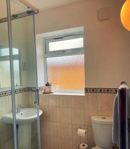 a bathroom with a toilet and a sink and a window at 133 Home in Oxford