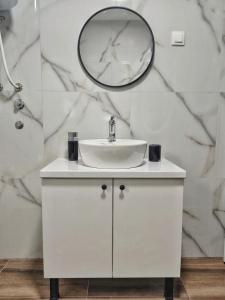 a bathroom with a sink and a mirror at Apartment Polkaposki Trpejca in Trpejca +30 photos