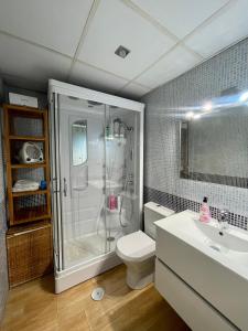 e bagno con doccia, servizi igienici e lavandino. di Magnífico Apartamento en Sevilla a Siviglia