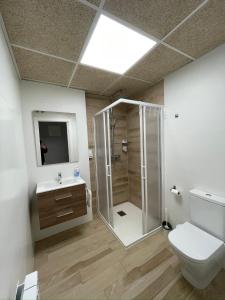 a bathroom with a shower and a toilet and a sink at Casa Alberto 2 drch in Tudela +13 photos