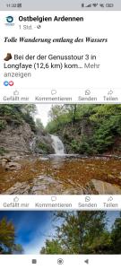 a screenshot of a webpage with a picture of a waterfall at Chalet Rose in Burg-Reuland