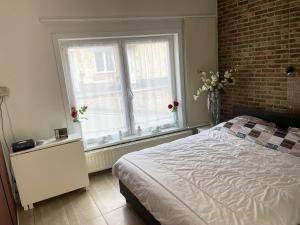 - une chambre avec un lit et une grande fenêtre dans l'établissement Studio with furnished terrace and wifi at Charleroi, à Charleroi