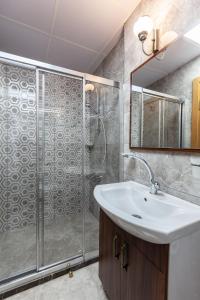 uma casa de banho com um chuveiro, um lavatório e um espelho. em Rose Apartments em Istambul