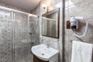 a bathroom with a shower and a sink and a mirror at Rose Apartments in Istanbul