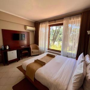 a hotel room with a large bed and a window at Comfort Eland Hotel in Arusha