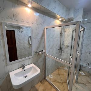 a bathroom with a sink and a shower and a mirror at Comfort Eland Hotel in Arusha