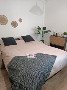 ein Schlafzimmer mit einem Bett mit einer schwarzen und weißen Decke in der Unterkunft Studio totalement meublé L'ethnique 