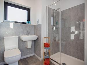 ein Bad mit einem WC, einem Waschbecken und einer Dusche in der Unterkunft 1 Bed in Migdale 90470 in Bonar Bridge