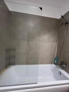La salle de bains est pourvue d'une baignoire et d'une douche. dans l'établissement Lakeside Oasis Apartment, à Bucarest