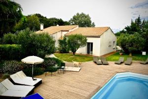 a dog sitting on a deck next to a swimming pool at la villa d'Ariane-piscine-jaccuzi-15 mn Mer in Vendargues
