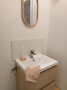 ein Bad mit einem Waschbecken und einem Spiegel in der Unterkunft Studio totalement meublé Le nordique 