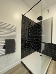 baño con ducha de cristal con azulejos negros en Le TerraVerde - SOnights, en Château-du-Loir