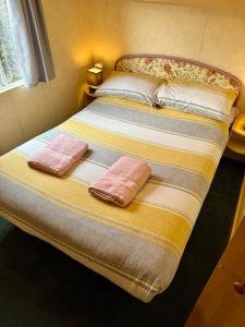 uma cama grande com duas almofadas cor-de-rosa em Snowdon Bay - North Wales - Stunning Llyn Peninsula Mountain & Ocean Views em Pwllheli