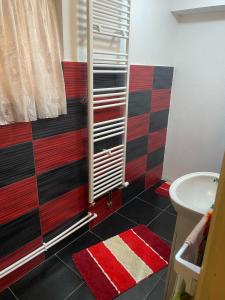 Brăduleţ的住宿－Casa SEBASTIAN，浴室设有红色和黑色的瓷砖墙