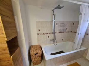 a white bath tub in a bathroom with a shower at Naturoase Säntisbligg am Bach und Wald in Kradolf