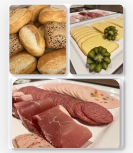 quattro foto di diversi tipi di carne e pane di Gasthaus & Pension Natzke a Usedom Town