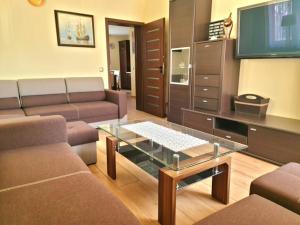 a living room with a couch and a glass coffee table at Apartament Kapitański in Hel