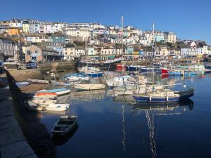 a bunch of boats are docked in a harbor at Captain's Nook, Luxurious Victorian Apartment with Four Poster Bed and Private Parking only 8 minutes walk to the Historic Harbour in Brixham