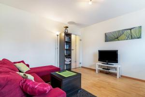 a living room with a red couch and a tv at Ferienwohnung Smithson in Biberach